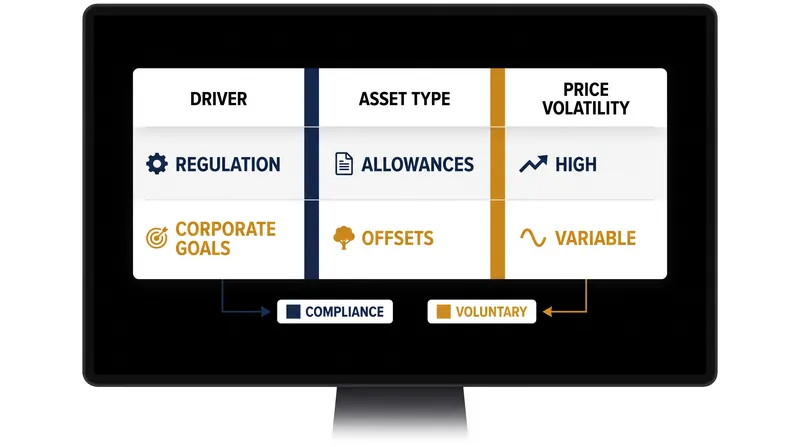 The structural differences between compliance and voluntary carbon markets.