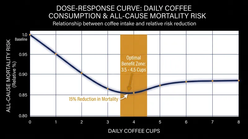 The mortality benefits of coffee follow a dose-response curve, peaking at moderate consumption levels.