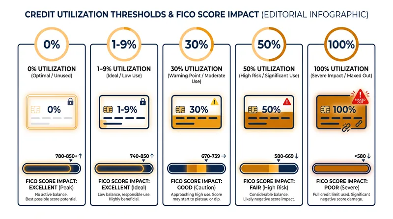 Standard FICO models penalize high utilization, but a 0% utilization rate can actually score lower than a 1% to 9% rate.