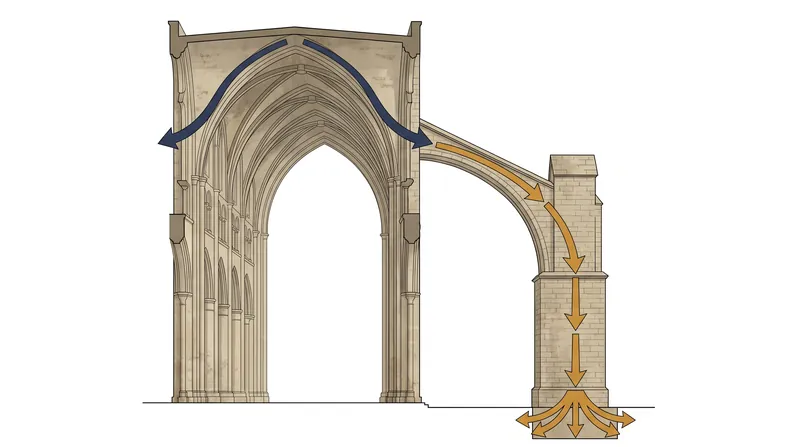 The complete structural system channels the immense weight of the stone roof safely into the earth.