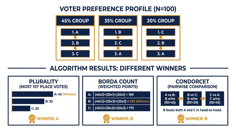 How three standard algorithms interpret the exact same 100 ranked lists.