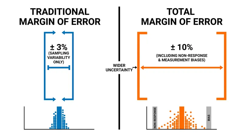 Traditional margins of error only account for sampling variance, ignoring the larger biases inherent in modern polling.