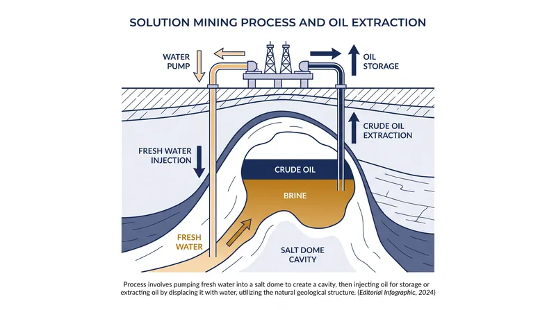 Oil is extracted from the caverns by pumping water into the bottom, which displaces the lighter crude oil upward.
