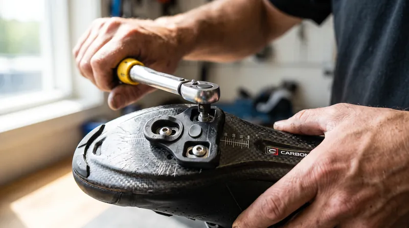 Shifting the cleat rearward toward the mid-foot reduces the lever arm on the ankle, relieving stress on the calf and Achilles tendon.