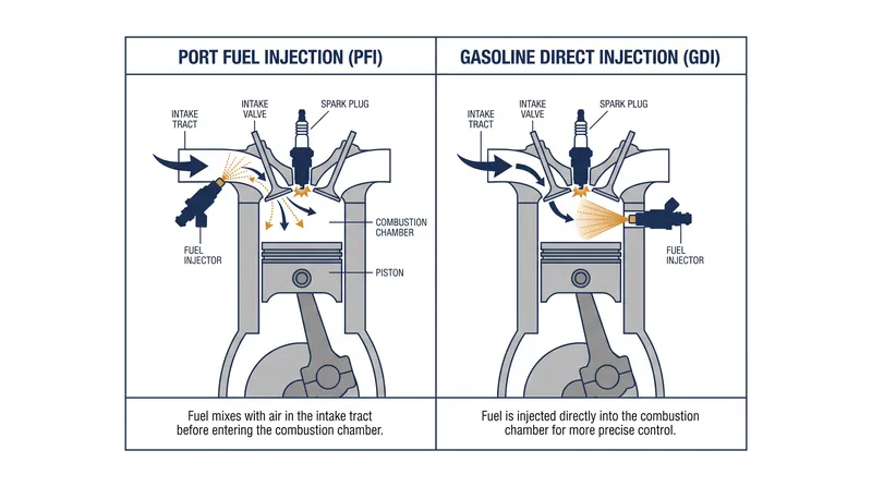 PFI washes the intake valve with fuel, while GDI bypasses the valve entirely to spray directly into the cylinder.