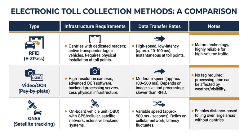 Comparing the primary technologies driving global electronic toll collection.