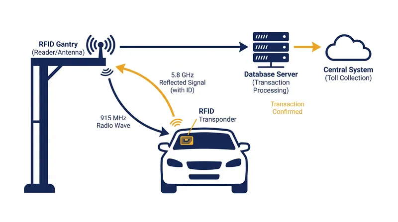 The millisecond exchange between a vehicle's transponder and an overhead gantry.