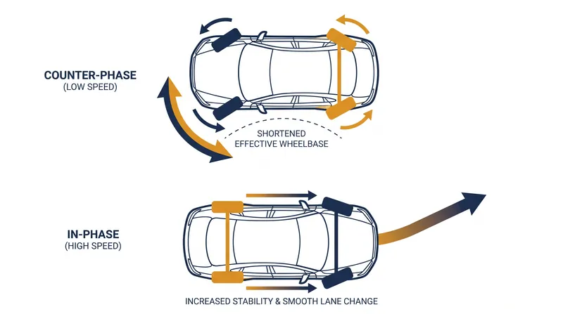 At low speeds, the rear wheels turn opposite the front to reduce the turning circle; at high speeds, they turn in the same direction for stability.