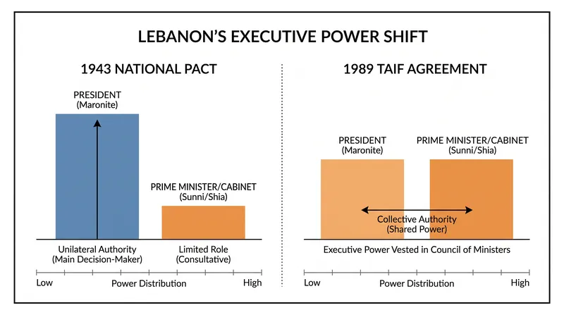 Executive power shifted from the Maronite President to the Council of Ministers following the 1989 accords.