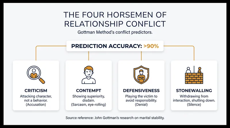 John Gottman's Four Horsemen framework maps the escalation of destructive conflict.