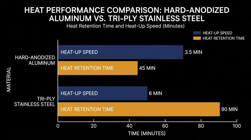 Stainless steel takes longer to heat up but retains its temperature significantly longer than aluminum.