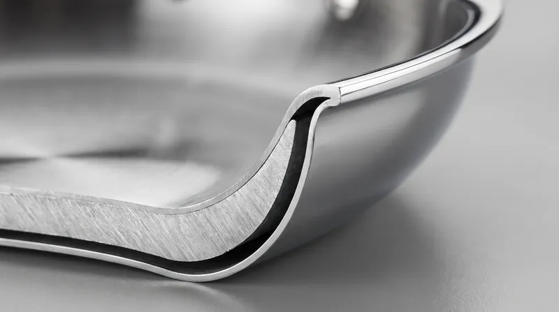 Tri-ply construction uses an aluminum core to distribute heat evenly across a stainless steel cooking surface.
