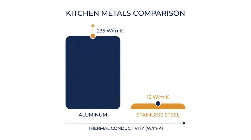 Aluminum transfers heat roughly fifteen times faster than solid stainless steel.