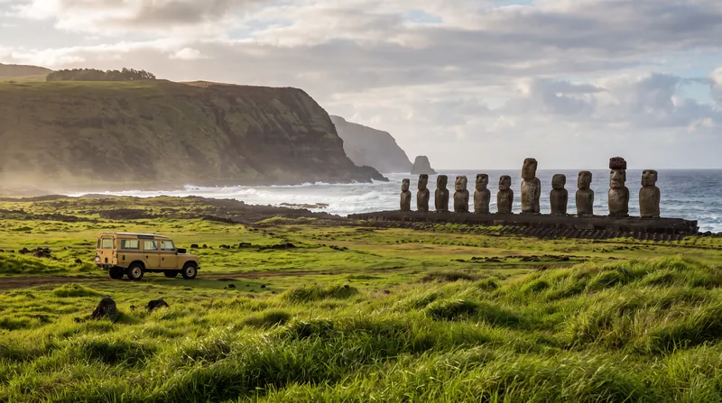 The production transported period-specific 1970s vehicles to Easter Island for the rare on-location shoot.