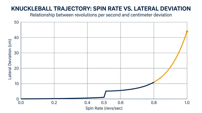 Lateral deviation increases sharply when the ball's spin rate falls below 0.5 revolutions per second.