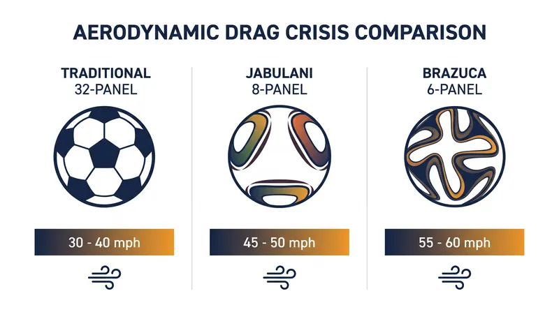 Modern thermally bonded balls require higher strike velocities to trigger the drag crisis compared to traditional stitched designs.