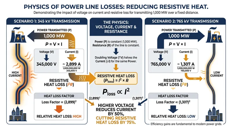Because heat loss scales with the square of the current, doubling the transmission voltage eliminates three-quarters of the resistive friction.
