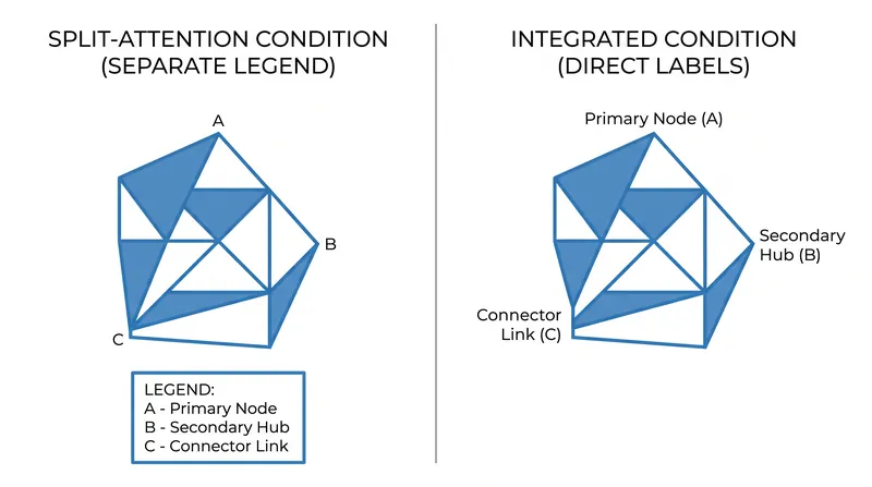 Integrating text directly into diagrams eliminates the extraneous load of searching for corresponding labels.