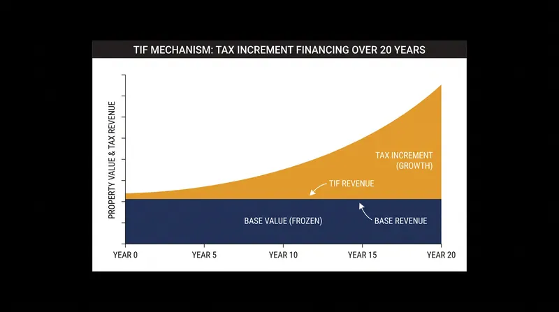 How Tax Increment Financing splits property tax revenue over the lifespan of a district.
