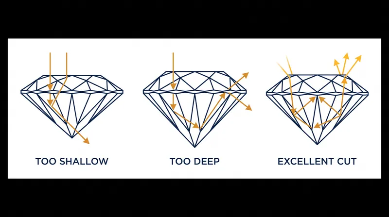 A diamond's cut dictates its brilliance. Poor proportions allow light to escape, while an excellent cut reflects light back to the observer.