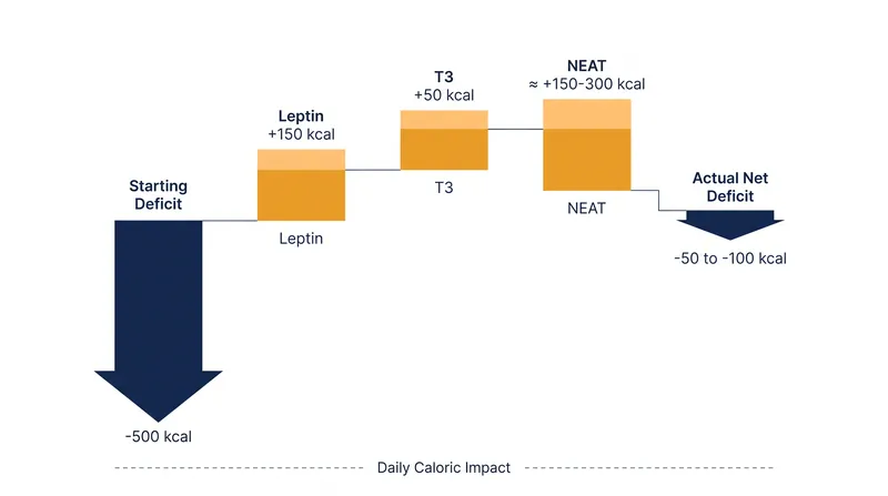How adaptive thermogenesis closes a 500-calorie deficit.
