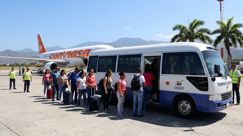 With the main buildings compromised, passengers are transported by bus between the temporary modules and their aircraft.