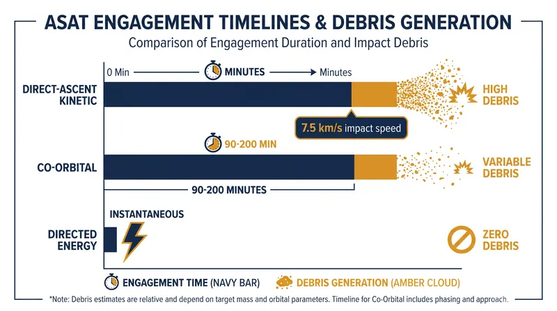 Engagement profiles highlight the tradeoff between the speed of kinetic weapons and the deniability of co-orbital systems.