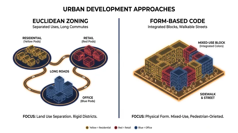 Traditional zoning separates land uses into isolated pods, while form-based codes integrate them based on physical building standards.