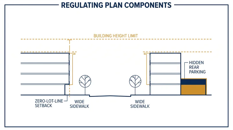 A regulating plan replaces the traditional zoning map, dictating the physical envelope and placement of buildings along a corridor.