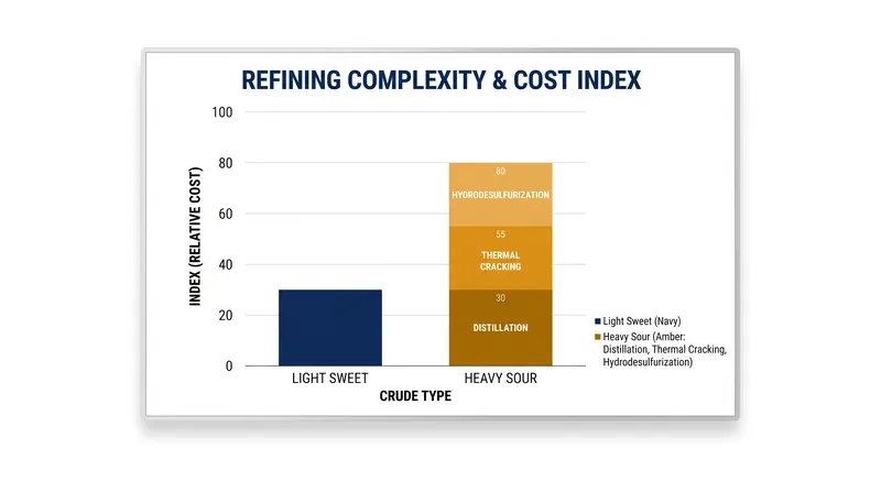 Heavy sour crude requires energy-intensive secondary processing units to break down long-chain hydrocarbons and remove impurities.