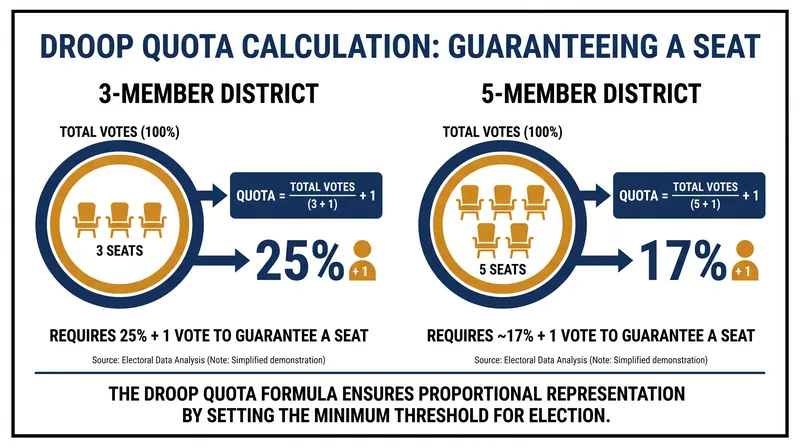 The Droop Quota lowers the mathematical threshold required to win a seat, ensuring proportional representation for minority and centrist voting blocs.
