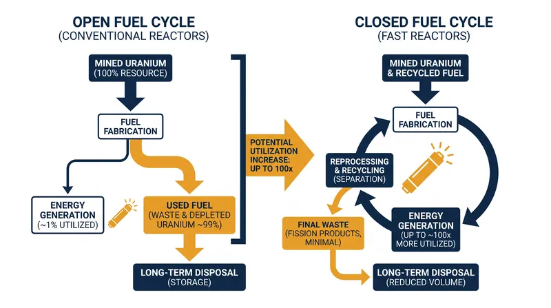 The closed fuel cycle extracts vastly more energy from mined uranium by breeding fissile plutonium from uranium-238.