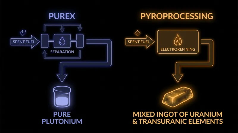Pyroprocessing mitigates proliferation risks by keeping plutonium mixed with highly radioactive actinides, making it self-protecting.