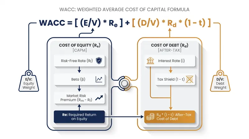 The WACC formula blends the cost of equity and the after-tax cost of debt based on their capital structure weights.