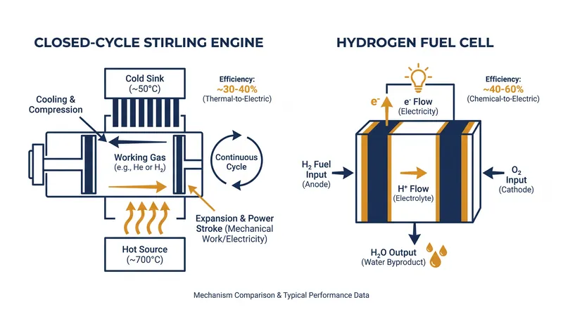 Mechanical external combustion versus solid-state electrochemical power generation.
