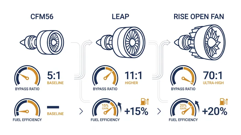 Removing the nacelle allows the open fan to achieve a bypass ratio exceeding 70:1, unlocking a 20 percent fuel efficiency gain.
