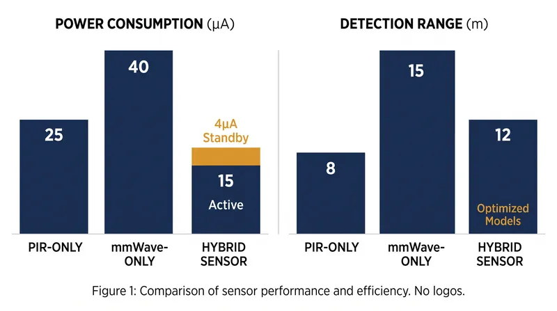 Hybrid sensors use PIR to wake the device, dropping the standby power draw to just 4 microamps and enabling multi-year battery life.