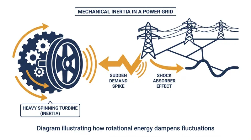 Heavy rotating turbines provide physical momentum that naturally resists sudden changes in grid frequency.