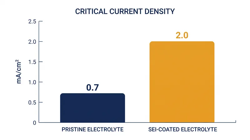 Applying a chemical solid electrolyte interphase (SEI) allows the battery to handle nearly three times the charging current before dendrites form.