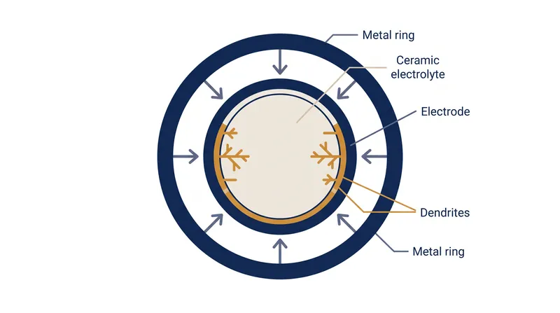 Mechanical compression alters the internal stress of the ceramic, forcing dendrites to grow horizontally rather than bridging the gap between electrodes.