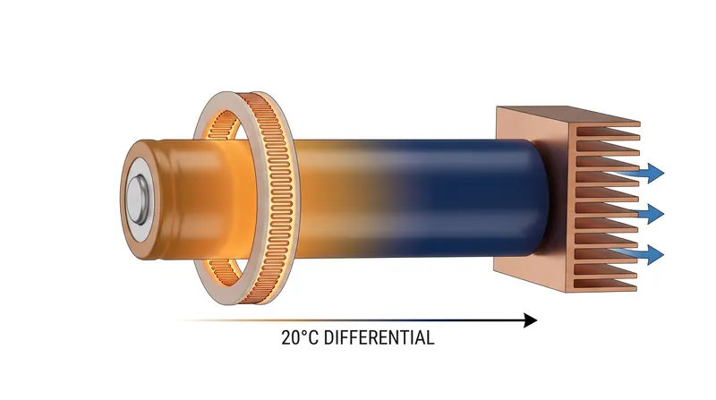A 20-degree Celsius temperature gradient creates localized mechanical stress that physically restricts dendrite growth.