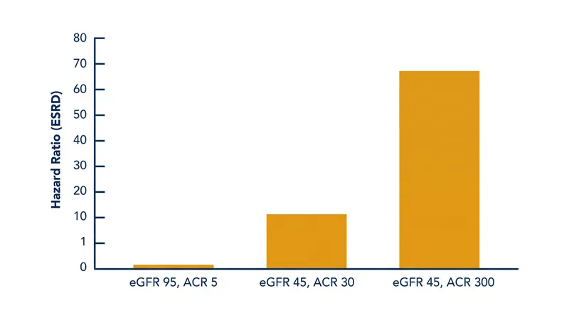 The risk of end-stage renal disease multiplies when both GFR and albuminuria are abnormal.