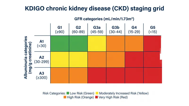 The KDIGO grid combines GFR and albuminuria to determine a patient's risk category.