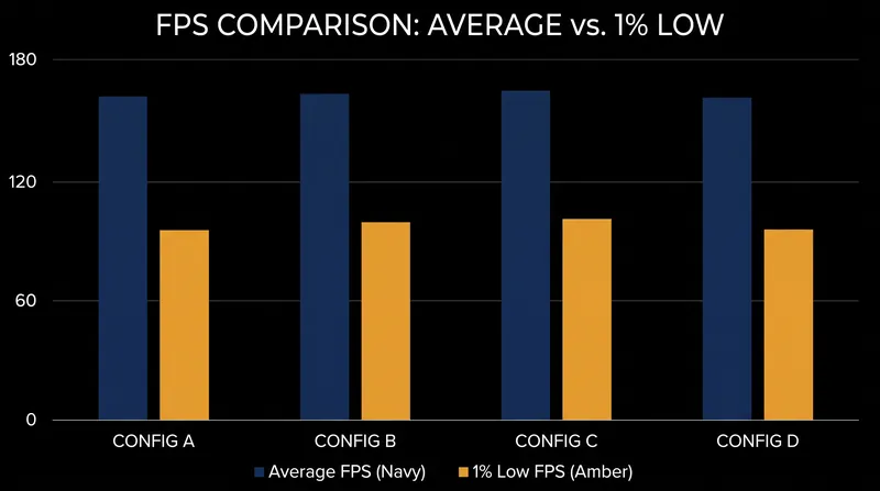 The gap between average FPS and 1% lows reveals the severity of micro-stutter.