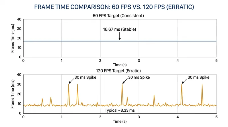 How a fluctuating 120 FPS average can produce more visible stutter than a locked 60 FPS.