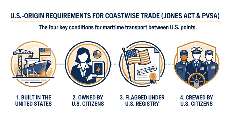 The four criteria a vessel must meet to freely transport passengers or cargo between U.S. ports.