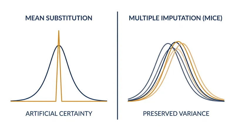 Mean substitution artificially shrinks variance by pulling missing values to the center, while MICE preserves the natural distribution.