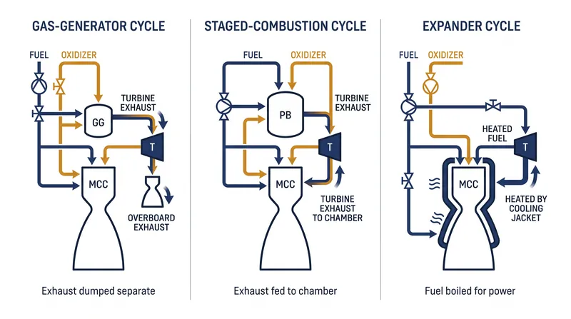 How propellant flows through the turbopumps and combustion chambers of the three primary engine cycles.