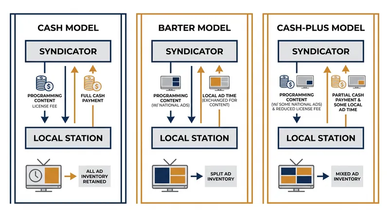 The three primary financial models dictate how advertising risk is shared between distributors and local stations.