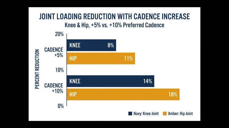 A 5 to 10 percent increase above a runner's natural cadence significantly reduces impact forces at the knee and hip.